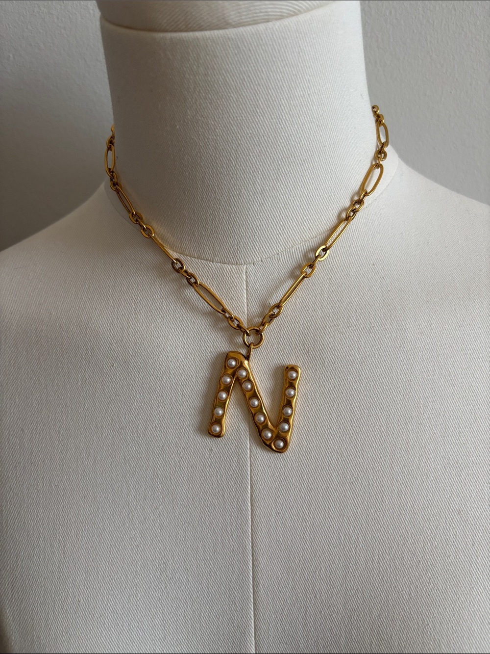 Sequin Gold Letter 'N' Pearl Accent Necklace - Women Jewelry